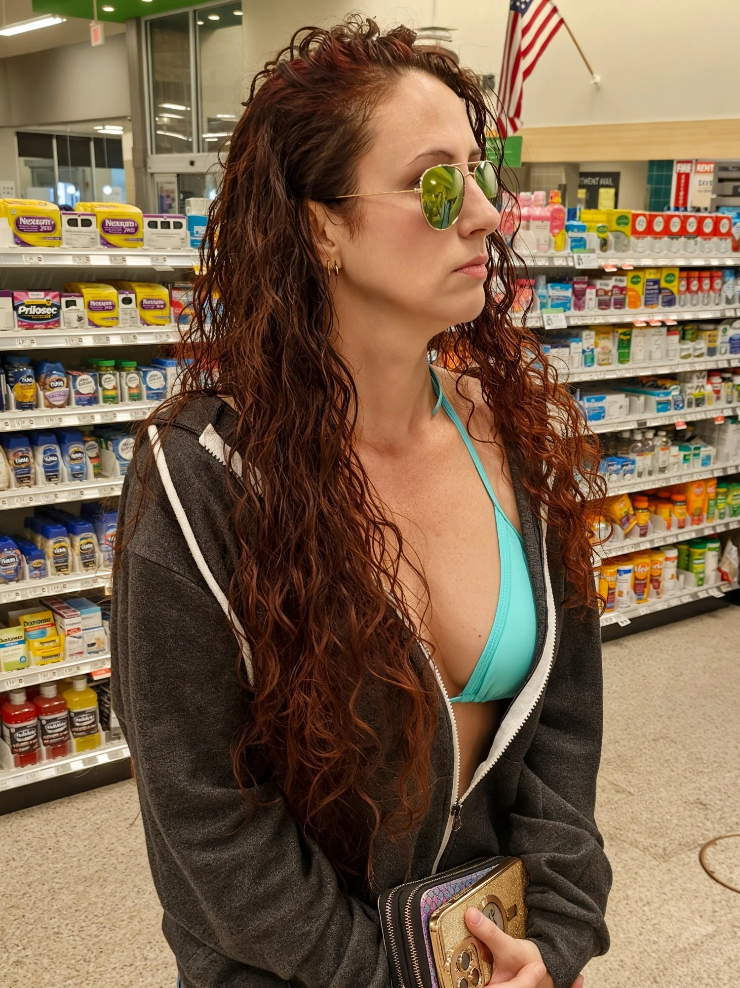 Alice with curly hair and mirrored sunglasses on a casual day out